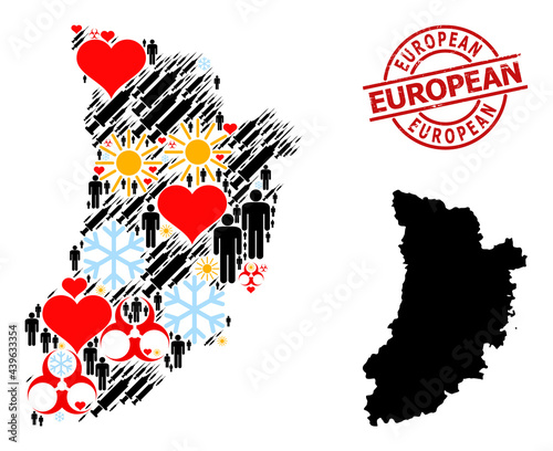 Rubber European stamp, and heart man infection treatment mosaic map of Lleida Province. Red round stamp contains European tag inside circle. Map of Lleida Province collage is constructed from cold,