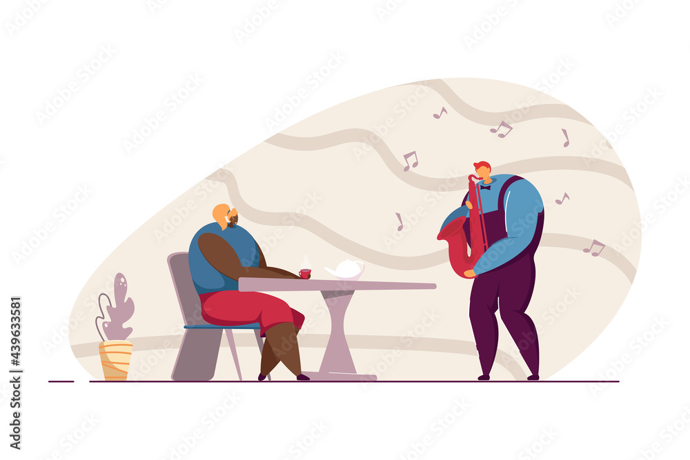 Waiter playing saxophone for female customer. Man playing musical instrument at restaurant flat vector illustration. Music, entertainment concept for banner, website design or landing web page