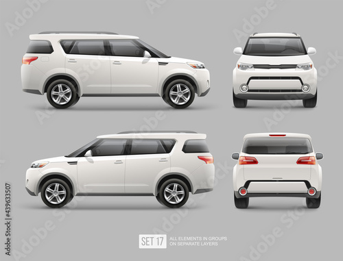 White Freight Suv Car template for Brand Mock Up and Corporate identity.  Passenger Vehicle Isolated on grey background. Side view white off-road suv car
