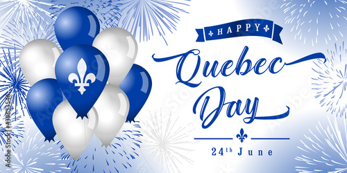 Happy Quebec Day creative greetings. Isolated abstract graphic design template. Quebec's National Holiday congrats concept. St. Jean-Baptiste Day. 3D decorative elements and country vintage typescript