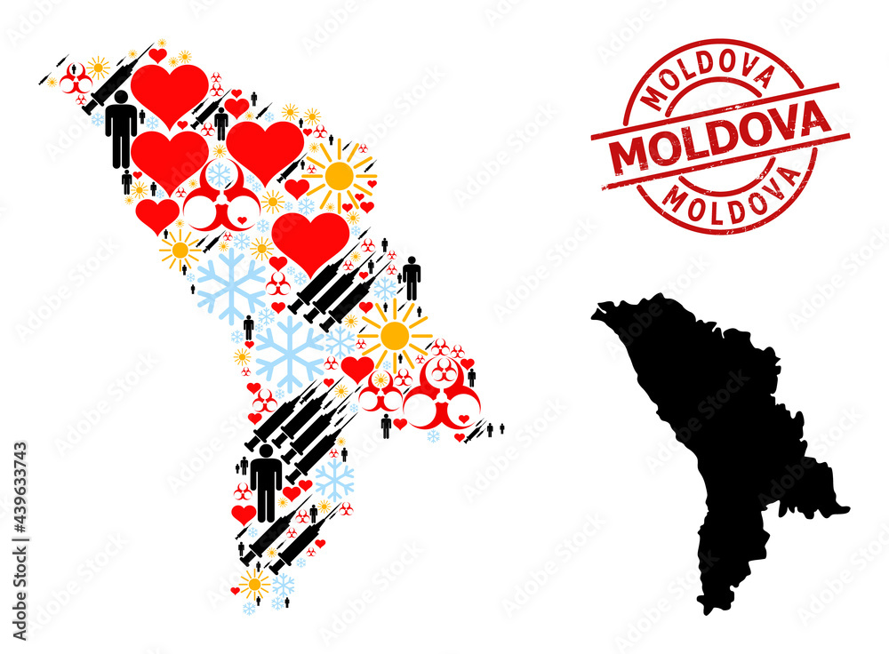 Scratched Moldova stamp seal, and lovely demographics vaccine mosaic map of Moldova. Red round stamp seal has Moldova tag inside circle. Map of Moldova mosaic is formed of cold, sunny, heart, people,