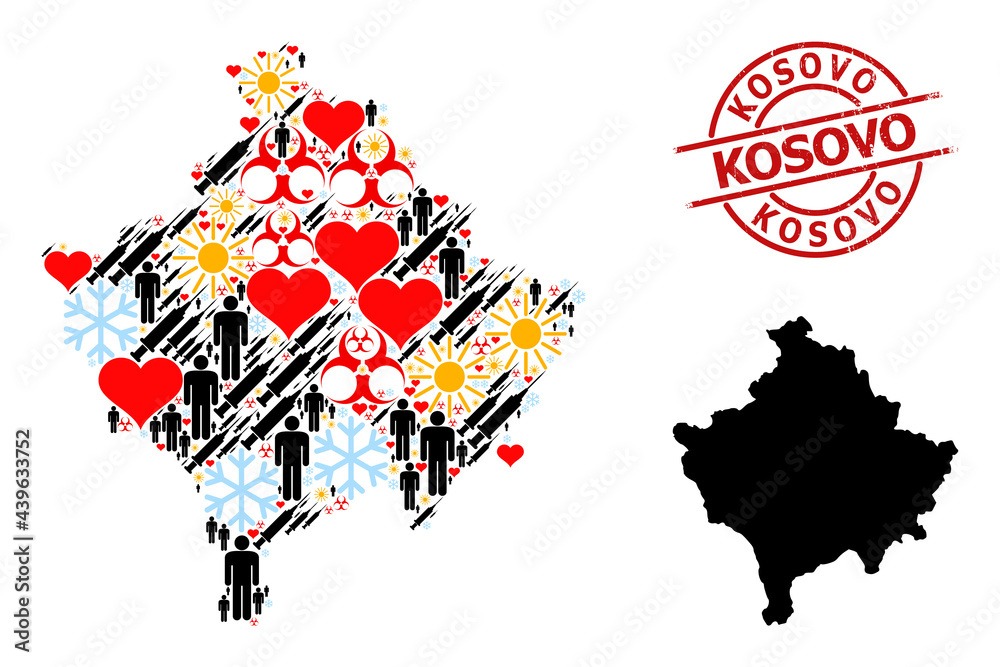 Rubber Kosovo stamp seal, and winter man vaccine mosaic map of Kosovo. Red round stamp seal contains Kosovo text inside circle. Map of Kosovo mosaic is organized with frost, weather, love, patients,