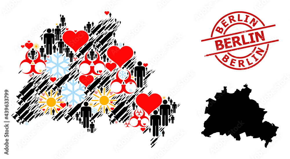 Scratched Berlin stamp seal, and sunny man infection treatment collage map of Berlin City. Red round seal contains Berlin caption inside circle. Map of Berlin City collage is organized of winter, Scratched Berlin stamp seal, and sunny man infection treatment collage map of Berlin City. Red round seal contains Berlin caption inside circle. Map of Berlin City collage is organized of winter,