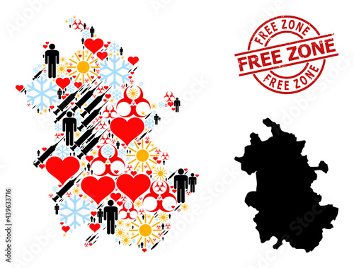 Distress Free Zone stamp seal, and winter patients vaccine mosaic map of Anhui Province. Red round stamp seal contains Free Zone tag inside circle. Map of Anhui Province mosaic is composed of snow,
