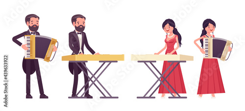 Musician, man, woman playing accordion, synthesizer keyboard instruments. Classical music event, concert, wedding party performance. Vector flat style cartoon illustration isolated, white background