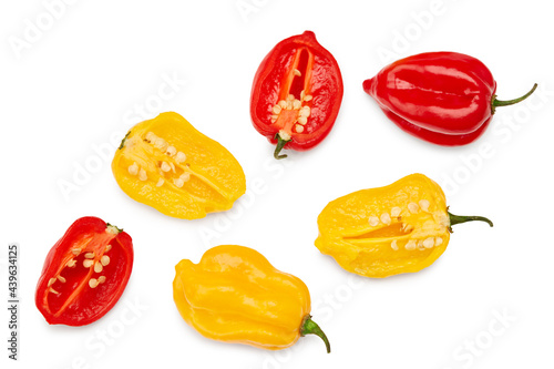 Cuadro en lienzo yellow and red habanero chili hot peppers isolated on white background
