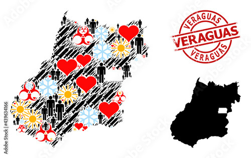 Scratched Veraguas seal, and heart people virus therapy mosaic map of Goias State. Red round stamp seal has Veraguas caption inside circle. Map of Goias State mosaic is composed of frost, weather, photo