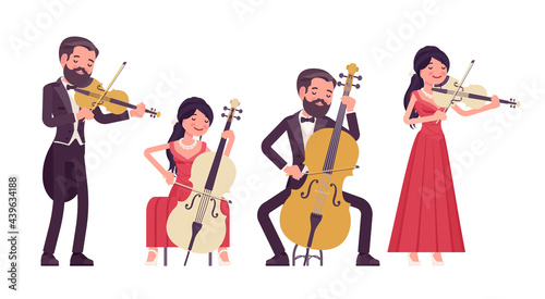 Musician, elegant man, woman playing professional string bow instruments. Classical music event, concert, wedding party performance. Vector flat style cartoon illustration isolated, white background