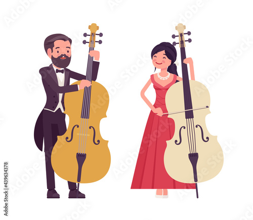 Musician, elegant man, woman playing string bow instrument, double bass. Classical music event, concert, wedding party performance. Vector flat style cartoon illustration isolated, white background