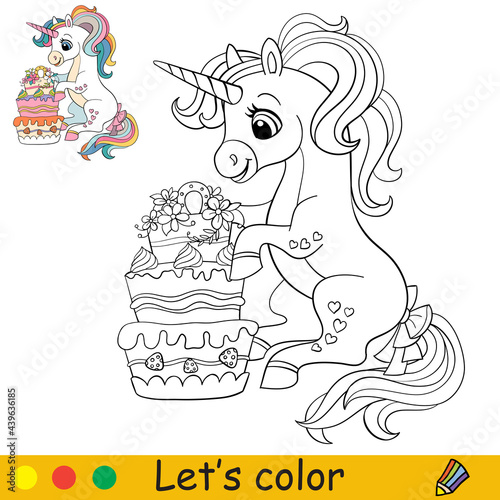 Cartoon cute sitting unicorn with cake coloring