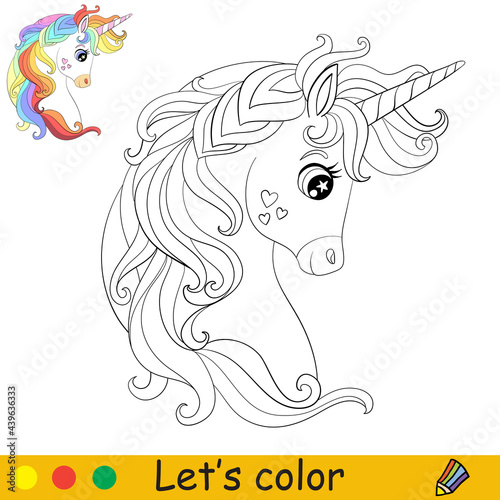 Cartoon cute unicorn with long rainbow mane coloring