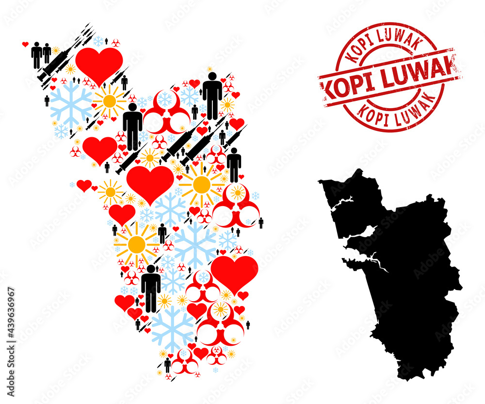 Rubber Kopi Luwak stamp, and winter people syringe collage map of Goa State. Red round stamp includes Kopi Luwak title inside circle. Map of Goa State collage is composed with frost, sunny,