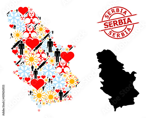 Distress Serbia stamp seal, and winter people Covid-2019 treatment collage map of Serbia. Red round stamp seal has Serbia tag inside circle. Map of Serbia mosaic is organized with winter, weather,