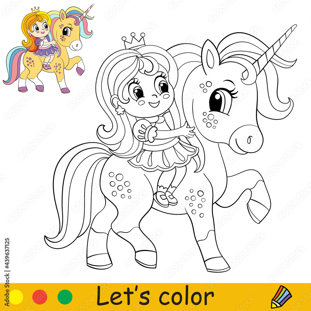 Cartoon cute girl riding a magical unicorn coloring Stock Vector