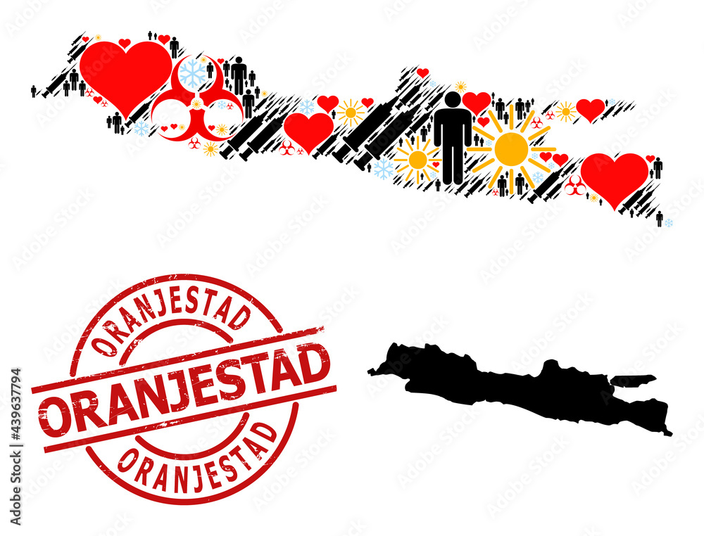 Textured Oranjestad stamp seal, and heart population Covid-2019 treatment mosaic map of Java Island. Red round stamp seal includes Oranjestad caption inside circle.