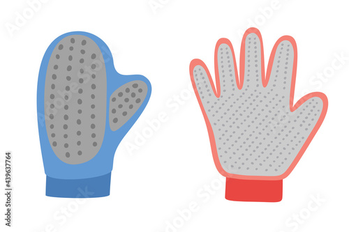Pet Hair Remover Brush Gloves. Pet grooming tools set. Dog and cat care, grooming, hygiene, health, accessories, vets. Pet shop. Flat vector illustration isolated on white background
