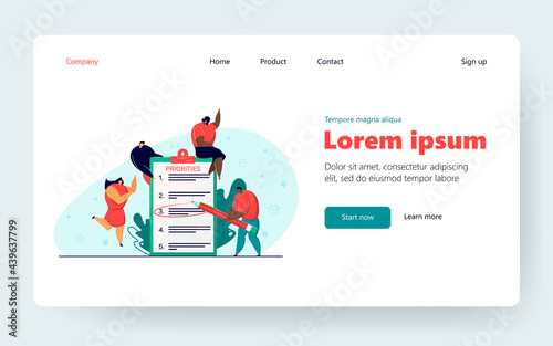 Tiny business people making priority list. Team prioritizing tasks in checklist, marking importance. Vector illustration for planning, agenda, efficiency, progress concept
