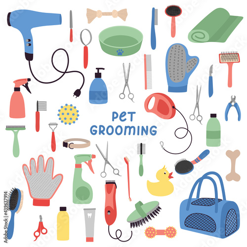 Pet grooming tools set. Dog and cat care, grooming, hygiene, health, accessories, vets. Beauty salon for domestic animals, Pet shop. Flat vector illustration isolated on white background