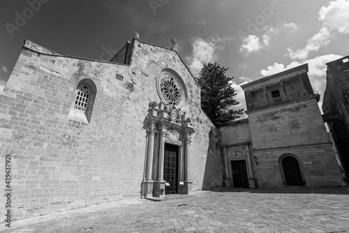 The building of Cathedral in Otranto in black and white, Italy.
