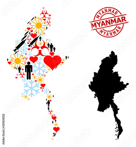 Rubber Myanmar seal, and spring men syringe collage map of Myanmar. Red round stamp seal includes Myanmar title inside circle. Map of Myanmar collage is made with cold, weather, love, man, syringe,