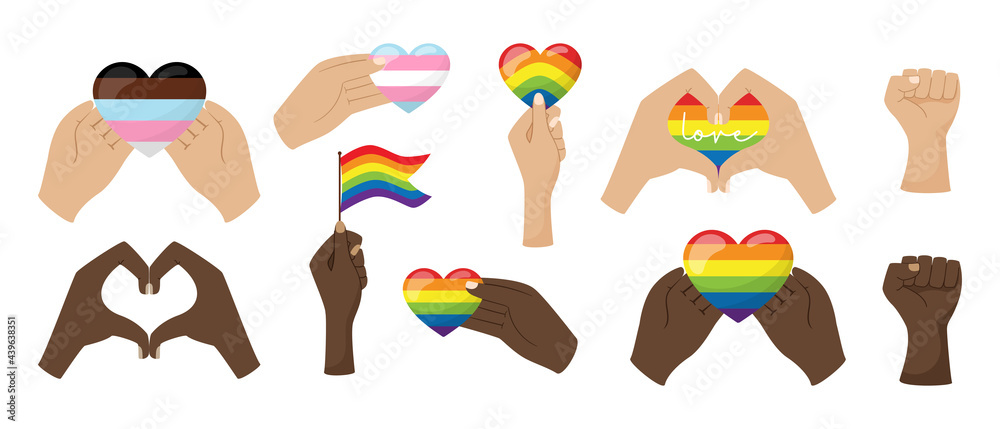 A set of stickers on the theme of pride month, LGBTQ, transgender. Black and white hands holding flags, heart, hands folded in shape of heart. LGBT rainbow color. Vector illustration isolated on white