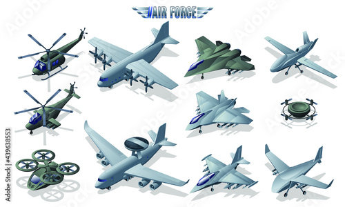 Military Aviation Air Force Set collection, transport and reconnaissance aircraft, fighters and attack aircraft, helicopters and combat drones isometric icons on isolated background