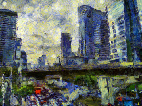 Landscape in the heart of Bangkok Illustrations creates an impressionist style of painting. © Kittipong