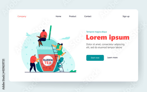 Tiny people with plastic cup of bubble tea. Black girl sitting on top of cup and drinking beverage, woman climbing ladder, man standing beside. Bubble tea, business concept for banner or background