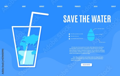 Web page Save the Water banner design template in paper cut style. Outline glass is half empty with straw and Earth map silhouette on blue background. 22 March World Water Day website vector concept