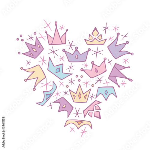 Pastel heart symbol made of hand drawn crowns and sparkles. Doodle pattern invitation, greeting card template for birthday and party.