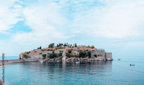 Beautiful view of the island of St. Stephen at sunny day, Montenegro. Aman Sveti Stefan, Budva. High quality photo