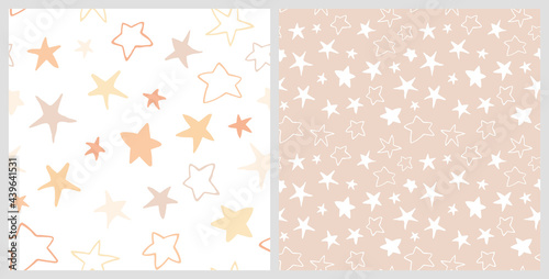 Funny pale doodle stars seamless pattern. Hand drawn night sky repeat background in white and pastel beige color. For fabric, wrapping, invitations, card, scrapbooking or wallpaper.
