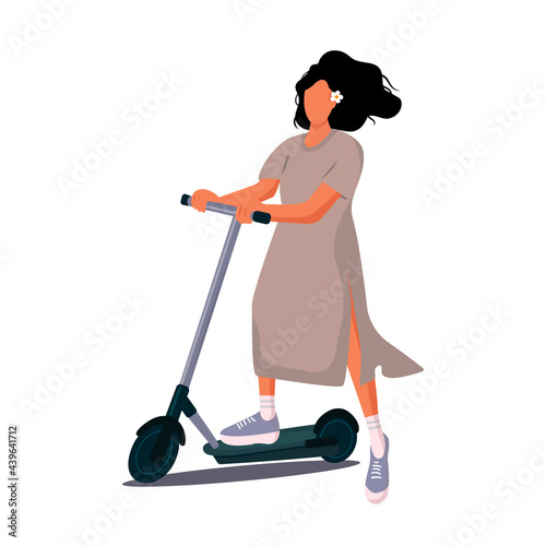 Modern sports girl on an electric scooter. Happy young woman in a dress with long hair and a flower in her hair. Summer mood vector illustration
