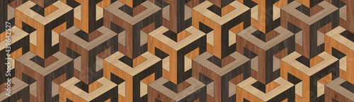 Artistic oak parquet. Cubes. Design floor for a modern interior. Optical illusions. 3D pattern. Wood floor. Luxury Art Deco interior. Geometric seamless ornament. Wood texture. photo