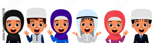 Happy cute kid Arab Muslim boy and girl businessman and businesswoman character standing and waving