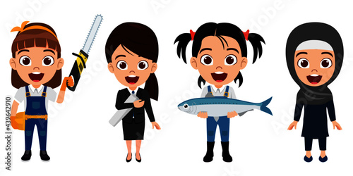 Happy kid girl fisherman carpenter engineer businesswoman characters standing and waving