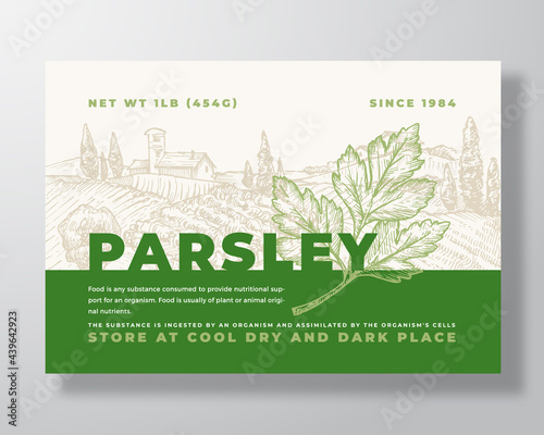 Parsley Label Template. Abstract Vector Packaging Design Layout. Modern Typography Banner with Hand Drawn Herb Leaves and Rural Landscape Background. Isolated