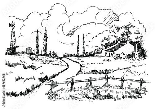 Rural scenery landscape panorama of countryside pastures. Green grass field on small hills. Vector sketch illustration