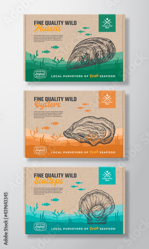Premium Quality Food Box Mockups. Vector Seafood Packaging Label Design on a Cardboard Containers Set. Hand Drawn Mussel, Oyster and Scallop Sketch Sea Bottom Landscape Background Layouts Collection