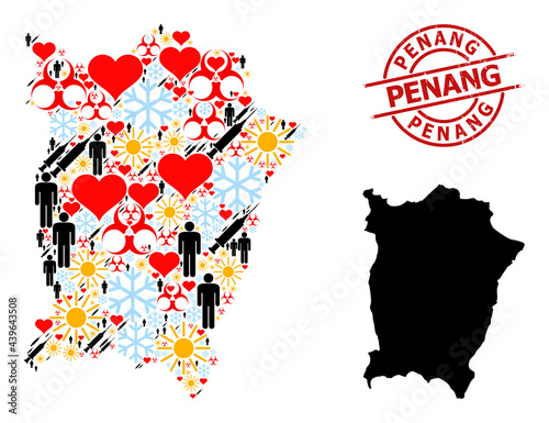 Scratched Penang seal, and winter demographics syringe collage map of Penang Island. Red round seal contains Penang caption inside circle. Map of Penang Island collage is designed of frost, weather,