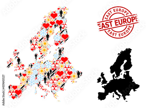 Distress East Europe stamp seal, and sunny people syringe mosaic map of Euro Union. Red round stamp seal has East Europe text inside circle. Map of Euro Union collage is formed from snow, weather,