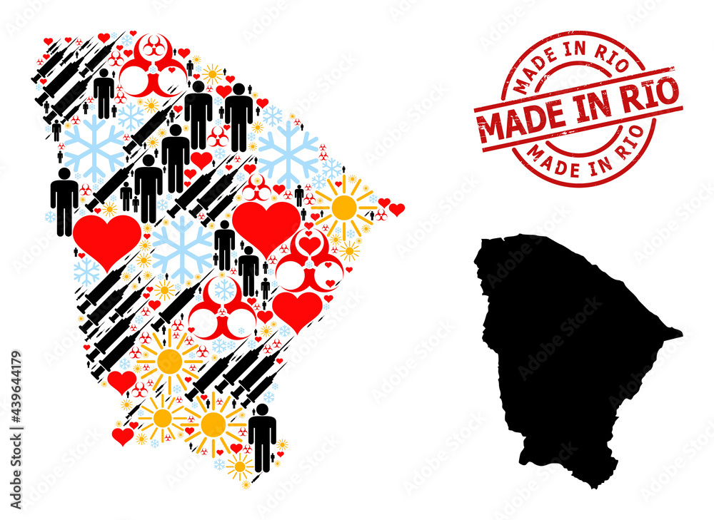 Textured Made in Rio stamp, and sunny men vaccine collage map of Ceara state. Red round badge has Made in Rio text inside circle. Map of Ceara state collage is made from winter, sunny, healthcare,