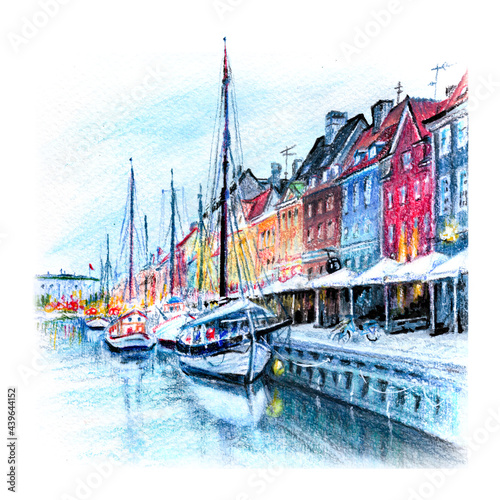 Canvas Print Watercolor pencils sketch of Nyhavn with colorful facades of old houses and ships in Old Town of Copenhagen, capital of Denmark