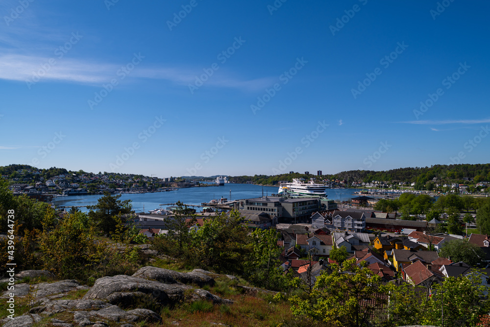 Viewing platforms with benches on the mountains of Sandefjord while enjoying the view of the city Viewing platforms with benches on the mountains of Sandefjord while enjoying the view of the city