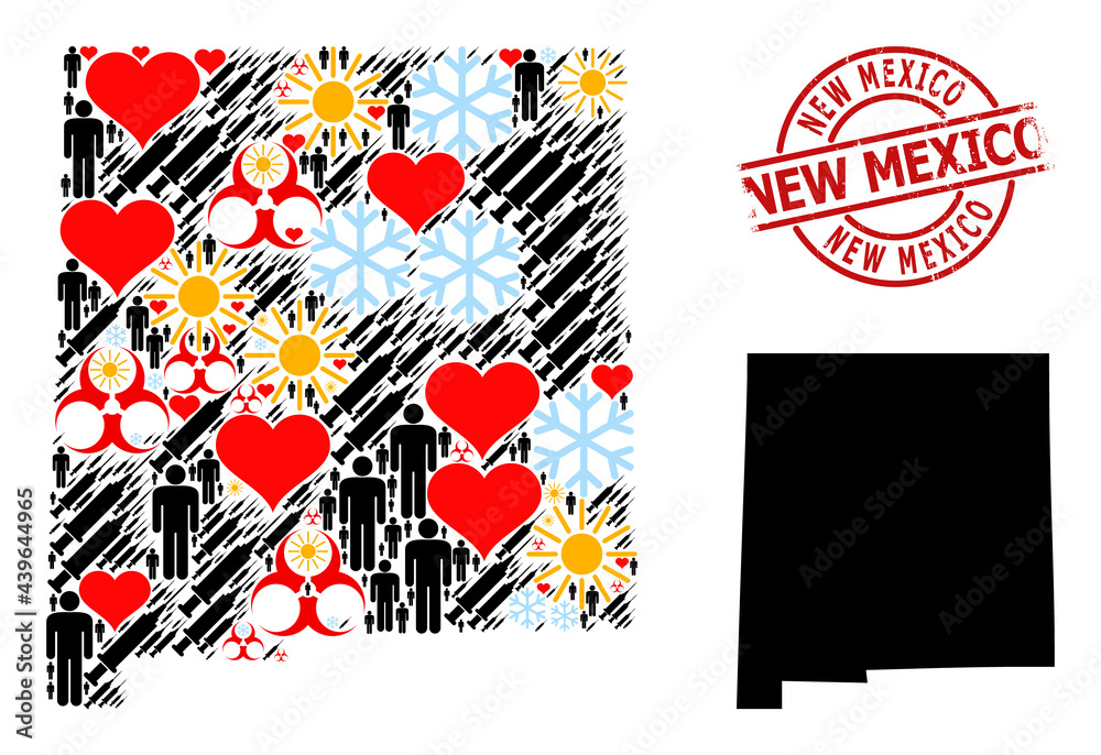 Scratched New Mexico stamp seal, and heart demographics Covid-2019 treatment collage map of New Mexico State. Red round stamp contains New Mexico text inside circle. Scratched New Mexico stamp seal, and heart demographics Covid-2019 treatment collage map of New Mexico State. Red round stamp contains New Mexico text inside circle.
