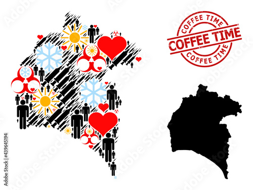 Grunge Coffee Time stamp seal, and heart humans vaccine collage map of Huelva Province. Red round seal contains Coffee Time title inside circle. Map of Huelva Province mosaic is designed from winter,