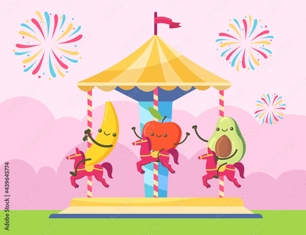 Obraz premium Banana, apple and avocado characters riding on chairoplane. Happy fruits having fun on party vector illustration. Fireworks in background. Festival, celebration, theme park concept