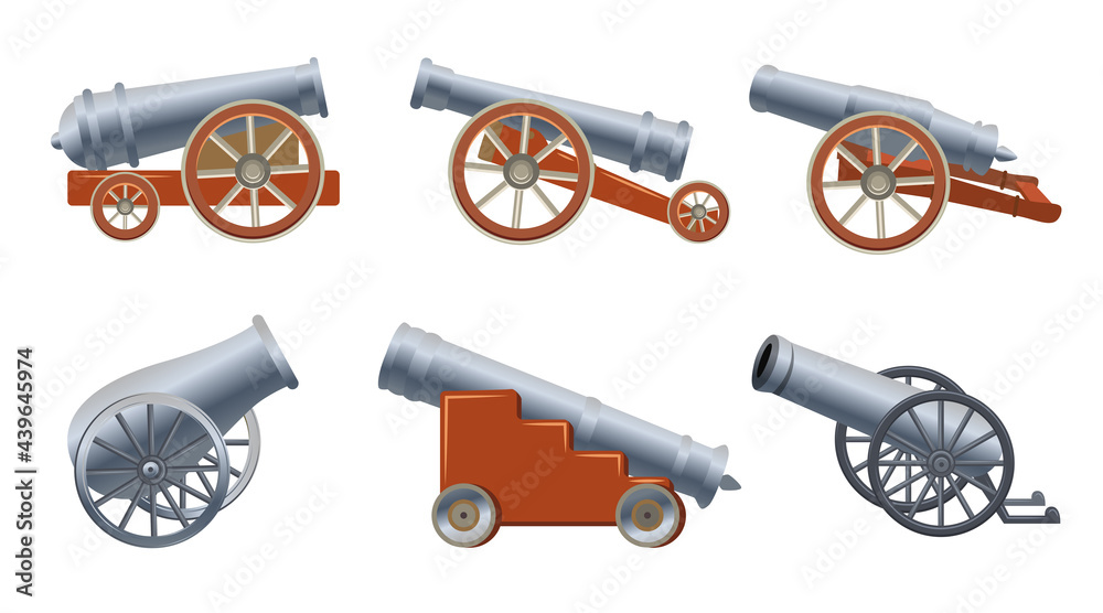 Medieval cannon set in cartoon style. Vector illustrations of old ...