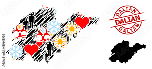 Rubber Dalian stamp seal, and winter people vaccine mosaic map of Shandong Province. Red round stamp includes Dalian text inside circle. Map of Shandong Province collage is created of winter, sunny,