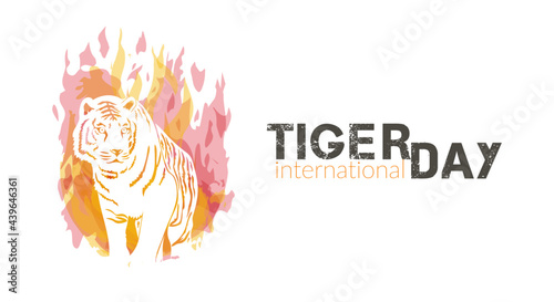International Tiger Day. July 29. Template for your design. Stylized vector illustration image of a tiger on fire.